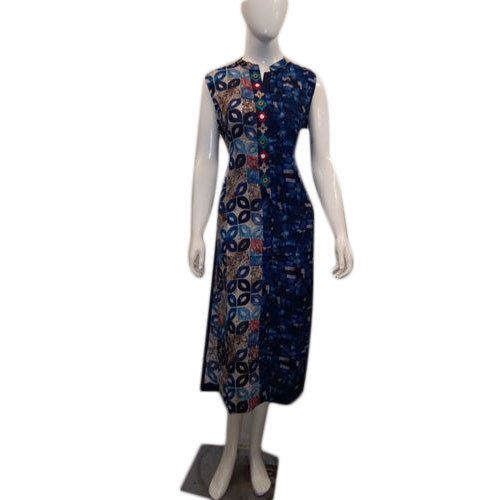 Black Sleeveless Printed Lades Kurti With Round Neck And Heavy Rayon Materials