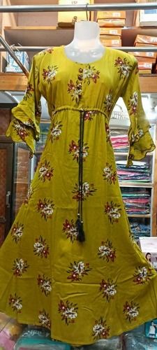 Yellow Womens Regular Fit Round Neck 3/4 Floral Sleeves Green Cotton Anarkali Kurti