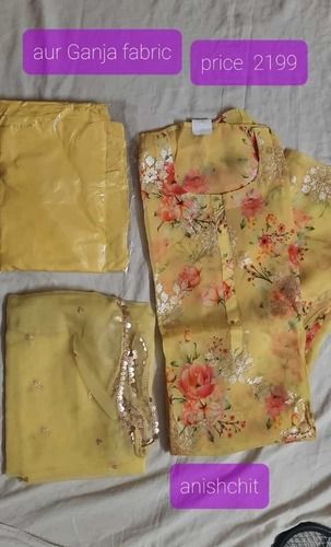 Indian Ladies Yellow Gunja Fabric Party Wear Full Stitch Salwar Suit With Dupatta