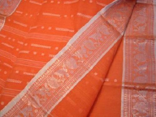 Summer Orange Color Block Prints Formal Wear Bengal Cotton Saree With Blouse Piece Sets