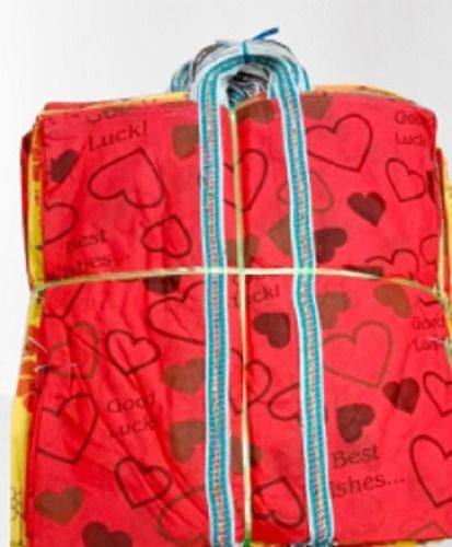 Canvas Red Color Heart Printed Hand Bag With Plastic Handle For Shopping