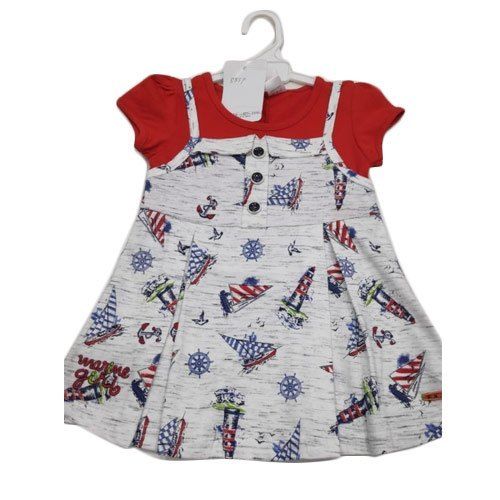 White And Red Colour Casual Wear Baby Frock With 100% Cotton Materials