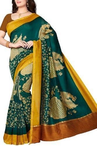 Printed Green And Yellow Cotton Silk Saree For Party Wear With Blouse