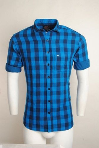 Mens Casual Regular Fit Full Sleeves Blue And Black Checked Cotton Shirt