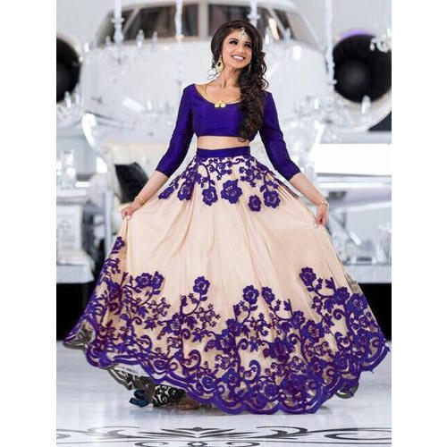 Georgette Fabric Blue & white Color Printed Lehenga and Choli with Zari &  Sequence work with Dupatta