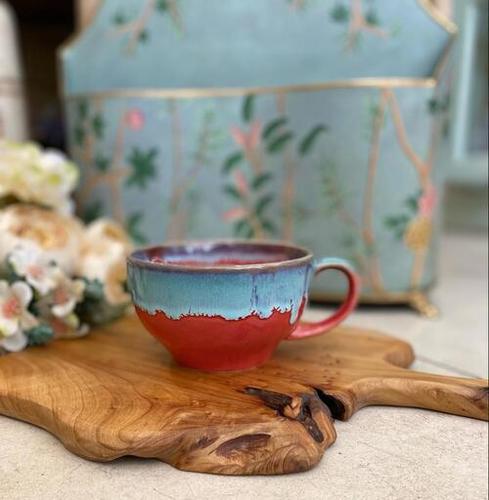 Crack Free Red And Blue Color Handmade Ceramic Latte Mug Design: Round