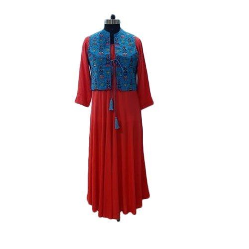 Quick Dry Ladies Casual Long Sleeves Round-Neck Red Plain Long Kurti With Red Jacket