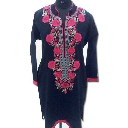 Ladies Long Sleeves Mandarin-neck Navy Blue Embroidered Cotton Kurti