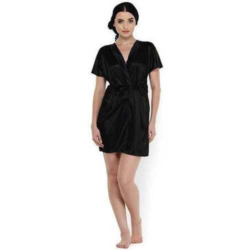 Plain Pattern Fine Finished Black Satin Nightwear