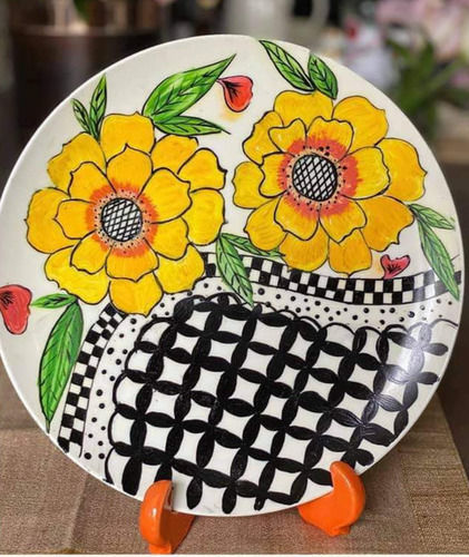 White Color Decorative Ceramic Yellow Flower Print Platers For Decoration