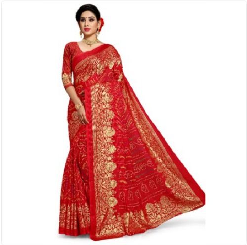 Red Color Manipuri Doriya Foil Printed Saree With Blouse Piece For Ladies Formal Wear