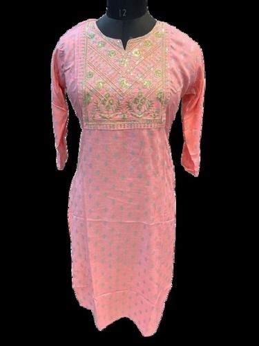 Round Neck And Full Sleeves Embroidery Baby Pink Party Wear Cotton Kurti For Ladies