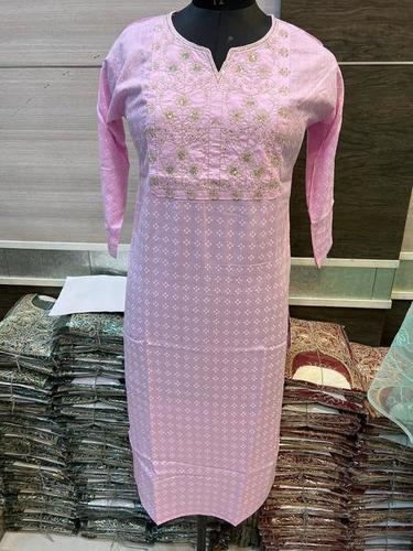 Dry Cleaning Round Neck And Full Sleeves Embroidery Light Pink Party Wear Cotton Kurti