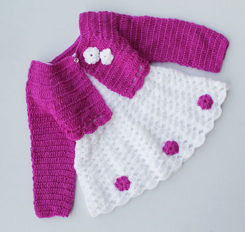 Woonie Handmade Crochet Woolen Winter Wear Frock Set With Jacket For Infants Kids Girls