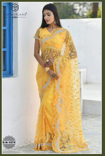 Satin Mother Land Yellow Color Embroidered Designer Net Saree With Blouse For Party Wear