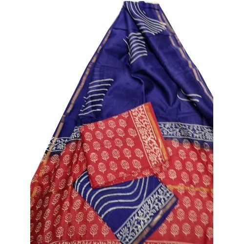 Summer Ladies Printed Cotton Silk Blue And Red Fancy Saree With Blouse For Daily Wear