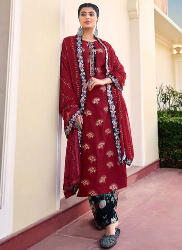 Indian Maroon Color Jacquard Silk Embroidered Semi Palazzo Suit For Party Wear 