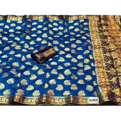 Summer Women Printed Cotton Silk Blue And Golden Designer Saree For Party Wear