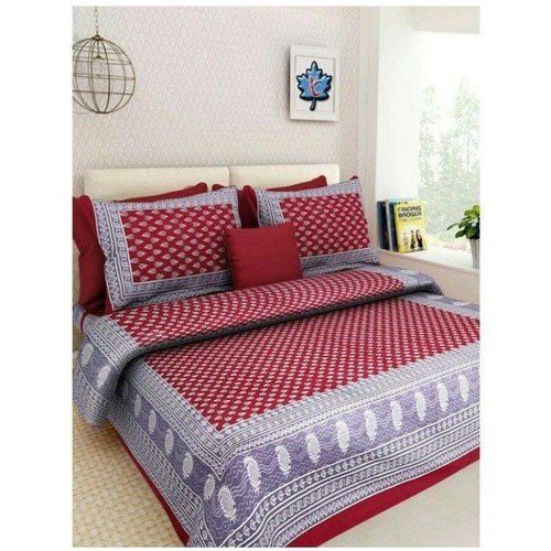 Washable 100% Cotton Red And Grey Color Printed Double Bed Bedsheet With Two Pillow Covers