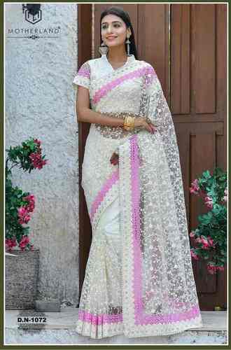 White color party wear Net Saree with Blouse –