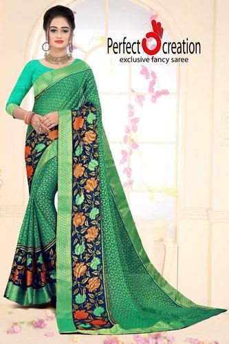 Green Attractive Design Exclusive Fancy Floral Printed Casual Cotton Saree For Women