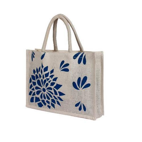 Blue Color Printed Fancy Jute Bag With Eco Frienldy And Washable, Natural Fiber