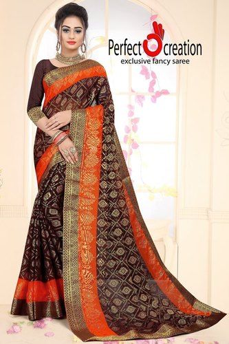 Ethnic Brown Color Exclusive Fancy Floral Printed Casual Cotton Saree For Ladies