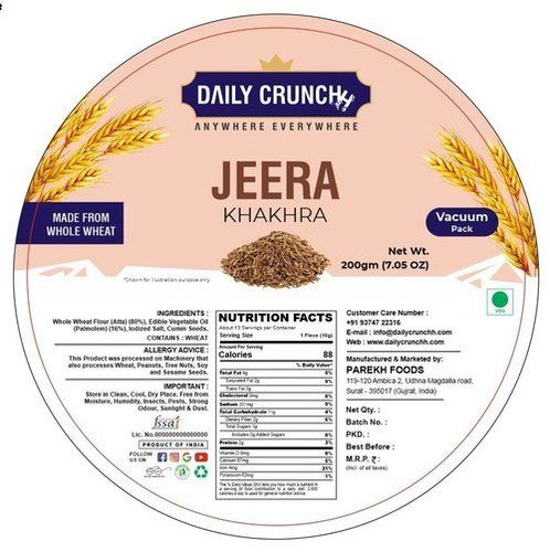 Daily Crunch Jeera Khakhra Made With Whole Wheat  Processing Type: Fried