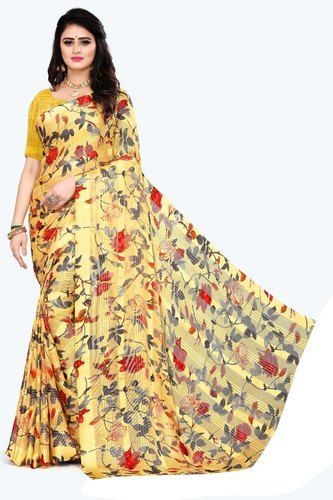 Ethnic Ladies Light Yellow Color Floral Printed Exclusive Fancy Cotton Saree For Daily Wear