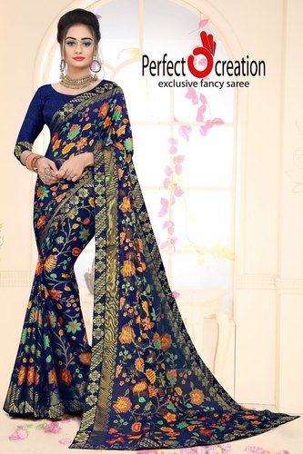 Navy Blue Prefect Creation Floral Printed Daily Wear Cotton Saree For Ladies