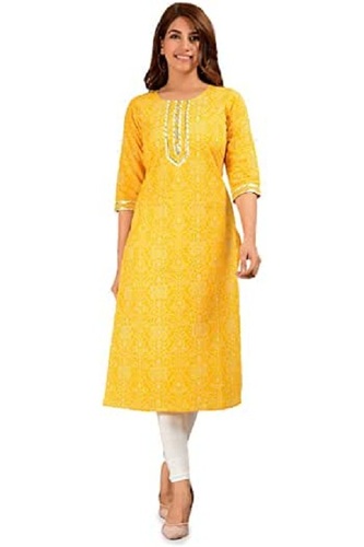 नरम, आरामदायक और सांस लेने योग्य शुद्ध कॉटन पीली डिज़ाइनर महिलाओं की कुर्ती सजावट का मटीरियल: बीड्स