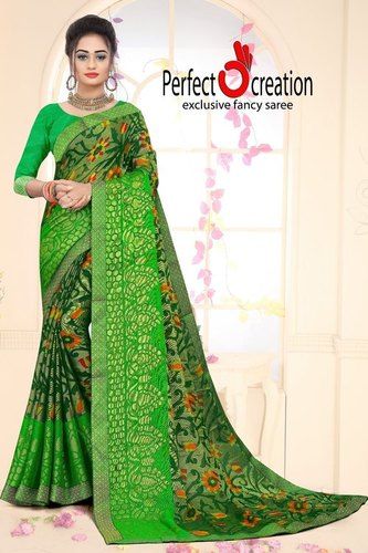 Women's Green Prefect Creation Fancy Floral Printed Cotton Saree For Daily Wear