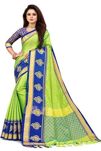 Blue And Green Color Woven Bollywood Cotton Silk Saree