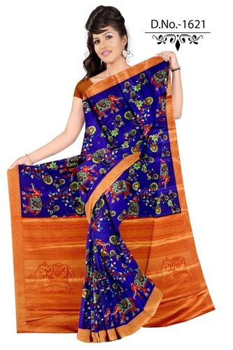 Blue And Orange Color Cotton Printed Designer Saree For Party Wear