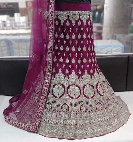 Traditional Rani Color Velvet Resham Embroidered Bridal Lehenga 