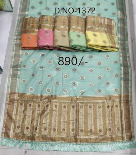 Summer Sky Blue Silk Zari Work Saree With Blouse Piece For Ladies Party Wear