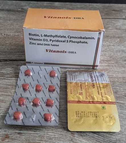  Vitanois Dha, Biotin L मिथाइलफोलेट Cynocobalamin विटामिन D3, पाइरिडोक्सल 5 फॉस्फेट, जिंक और धा टैबलेट 100 टैबलेट का पैक 