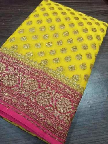 Lemon Yellow Banarasi Silk Saree in Pure Khaddi Chiffon - Mirra Clothing