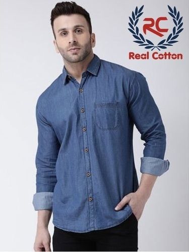 Real Cotton Mens Blue Full Sleeves Casual Denim Shirts