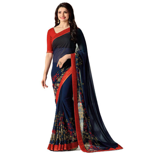 Dark Blue And Red Printed Daily Wear Cotton Saree With Blouse Piece For Ladies