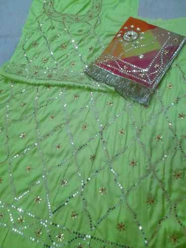 Washable Embroidered Traditional Comfortable Green Rajputi Poshak For Ladies