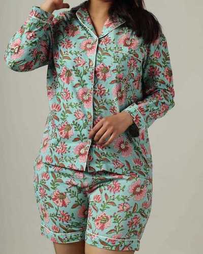 Cotton High Comfortable Green Color Flower Printed Comfortable Satin Night Suit For Girls 