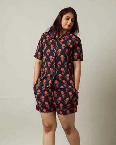 Multicolor 100% Cotton Summers Printed Short And Shirt Set For Ladies Size: Extra Large