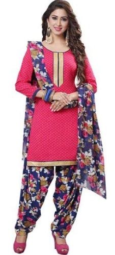 Printed Short Sleeves Cotton Silk Pink And Blue Fancy Ladies Suit Salwar Decoration Material: Laces