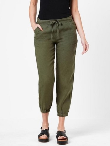 Washable 100 Percent Linen Green Colour Casual Wear Straight Pant Ladies Trousers