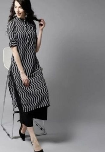 Printed Short Sleeves Color White And Black Fancy Ladies Kurti