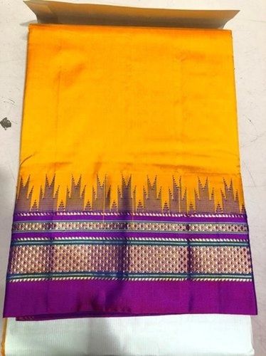 100 Percent Silk, Plain Party Wear Yellow Coloured Iikal Pure Silk Saree