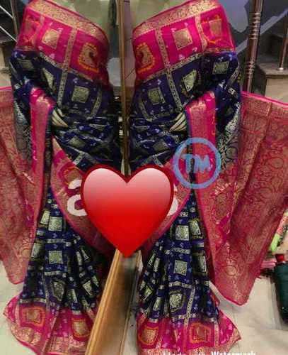 Blue And Pink Bandhej Ghadchola Banarasi Saree With Heavy Zari Work For Ladies