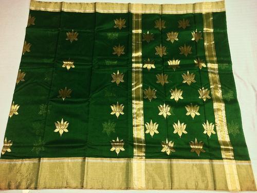 Dark Green Printed Sarees With Chanderi Silk Materials And Normal Wash