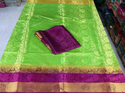 Traditional Green Colour Base And Pink Border Printed Silk Saree With Length 5.5Mm